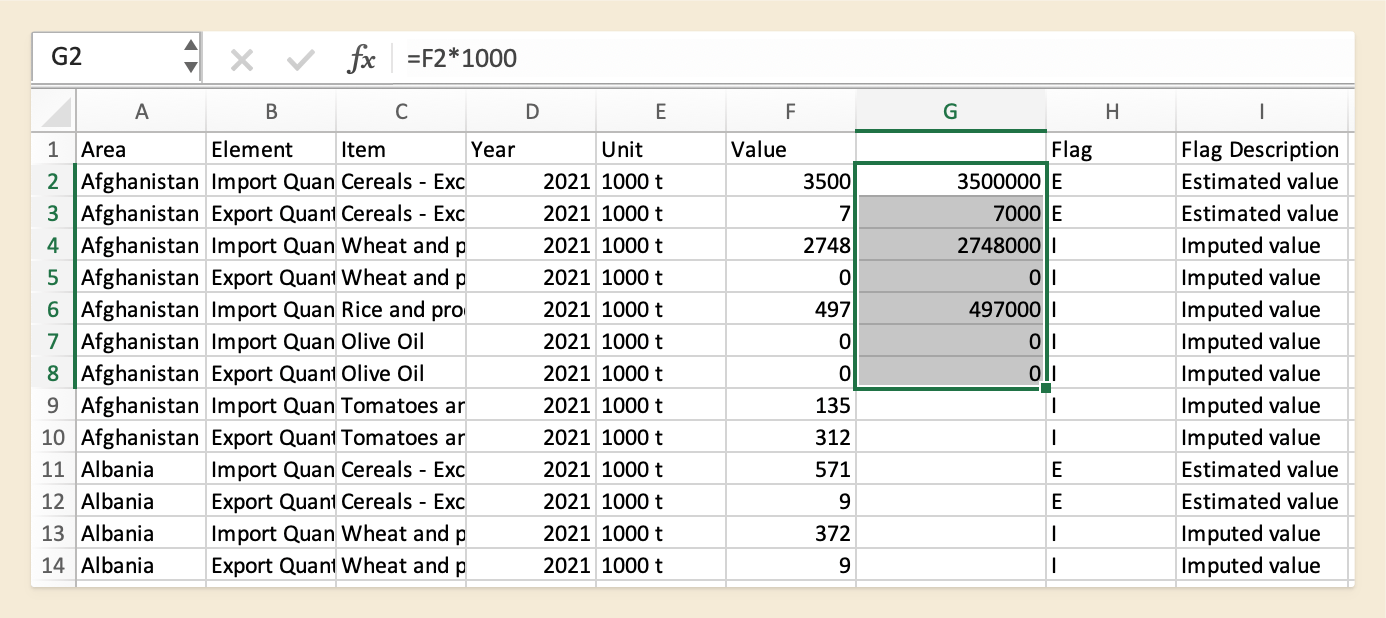 Example of Excel formula